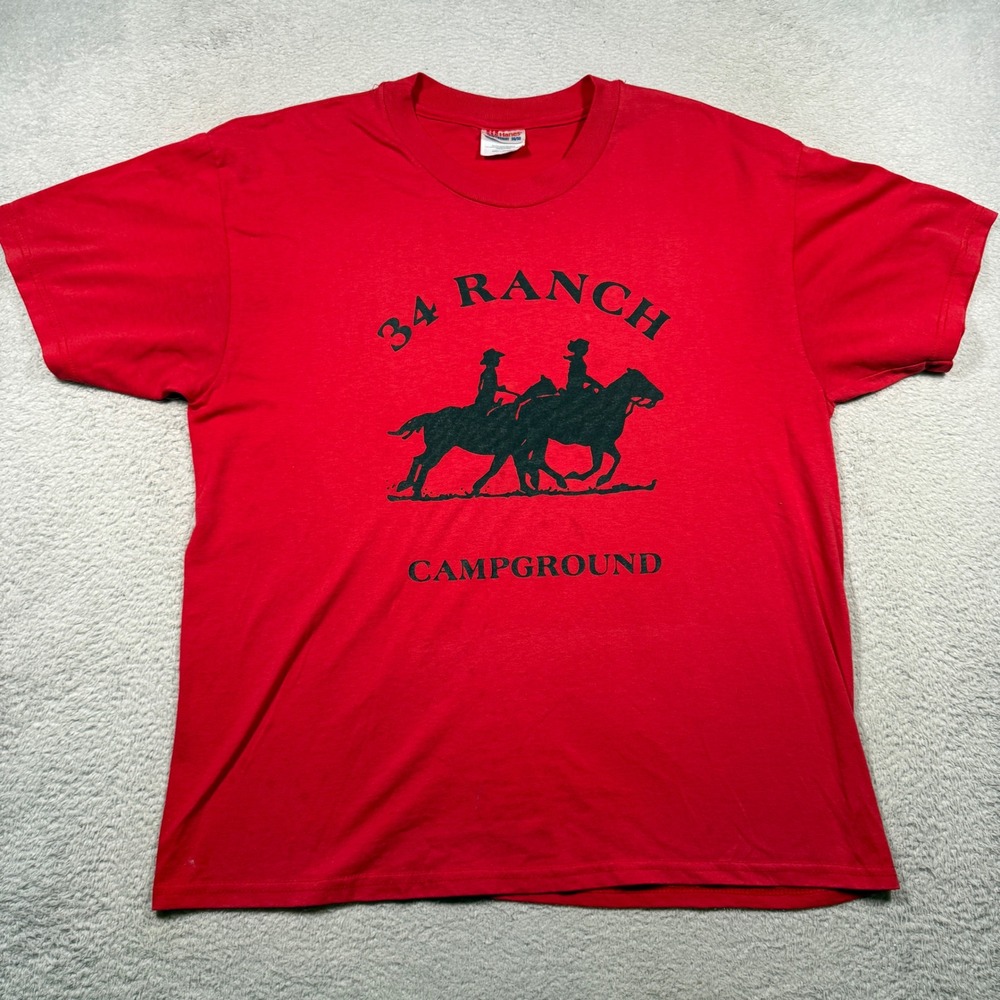 Vintage 90s Hanes T-Shirt Mens L Red 34 Ranch Campground Horse Graphic Tee